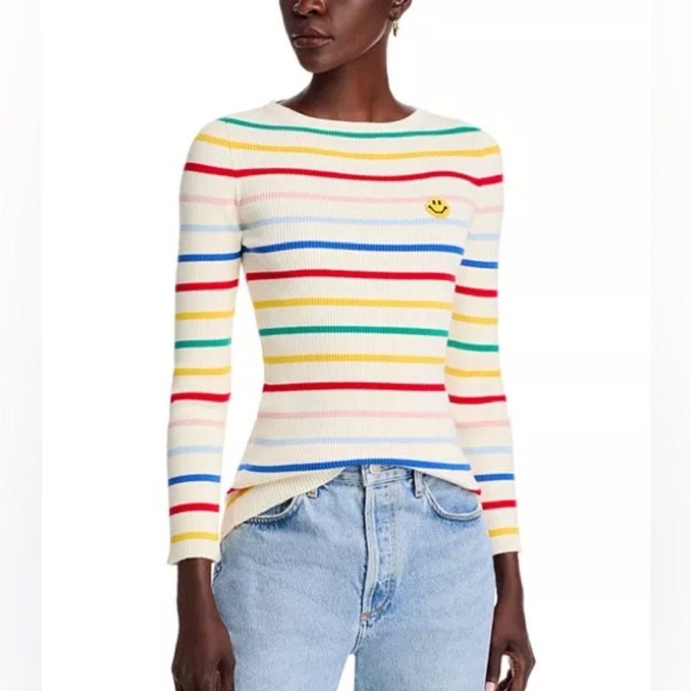 Joshua Sanders Stripped Ribbed Smiley Face Crew Neck Sweater Top Shirt SZ M NWT